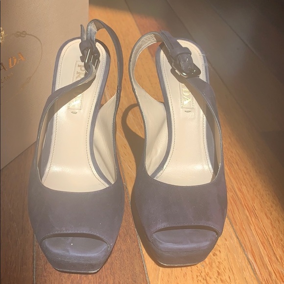 Prada | Peep Toe Slingback Sandals Navy Suede 37 - Picture 2 of 6